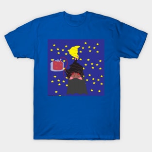 vampire bat clinging to a moon horn drinks from the blood bag T-Shirt